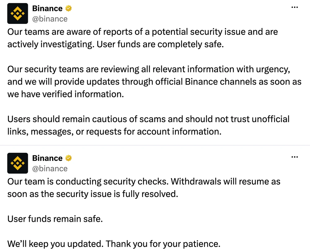 Two posts by Binance on X: one about a potential security issue under investigation, one about paused withdrawals